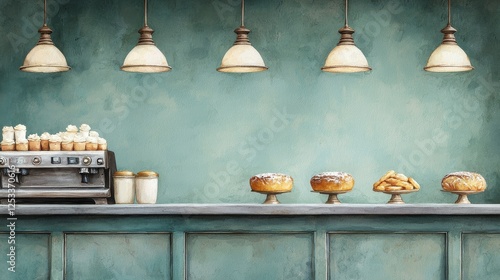 A cozy cafe scene featuring a vintage espresso machine and an array of delicious pastries under warm hanging lights against a blue-green wall.