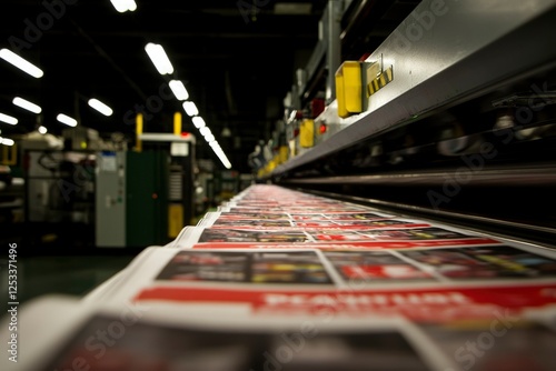 Printing press in action, sheets moving, industrial facility photo