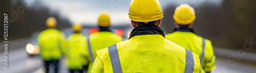 High visibility jackets and hard hats worn by workers on highway