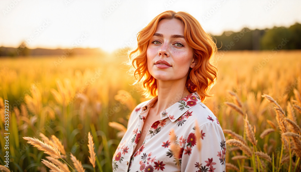 Radiant red-haired woman enjoying sunset in golden meadow, natural beauty Radiant red-haired woman enjoying sunset in golden meadow, natural beauty