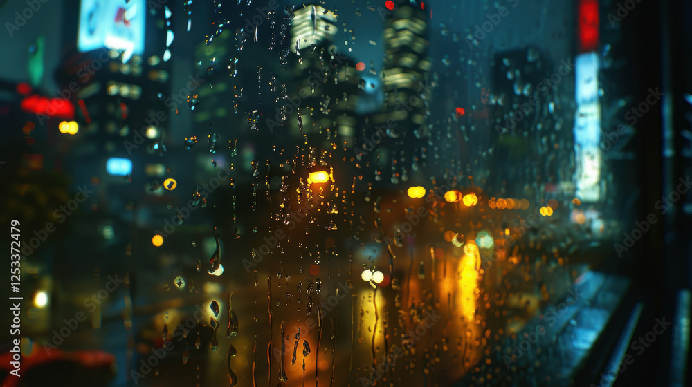 Fototapeta premium rainy cityscape view through window, showcasing blurred lights and reflections. droplets on glass create moody atmosphere, highlighting urban life at night