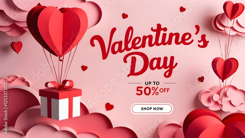 Gift boxes with heart balloon floating in the sky, Happy Valentine's Day Sale banners, paper art style.