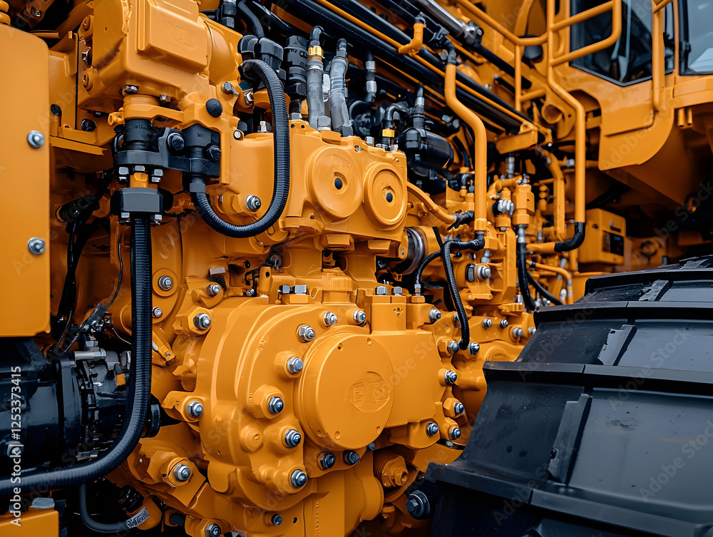 Obraz premium Powerful engine close-up, industrial machinery, detailed mechanics, background blurred