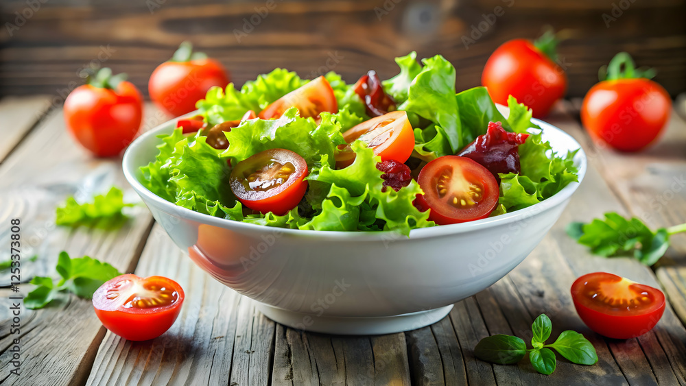 Fresh Tomato and Lettuce Salad: A vibrant and healthy salad featuring ripe cherry tomatoes and crisp lettuce leaves in a rustic wooden setting. Fresh Tomato and Lettuce Salad: A vibrant and healthy salad featuring ripe cherry tomatoes and crisp lettuce leaves in a rustic wooden setting.