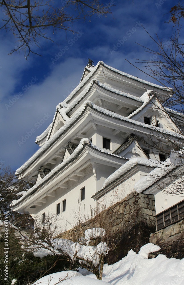 Gujo Hachiman Castle in Winter Snow, Gifu, Japan.February 9, 2025