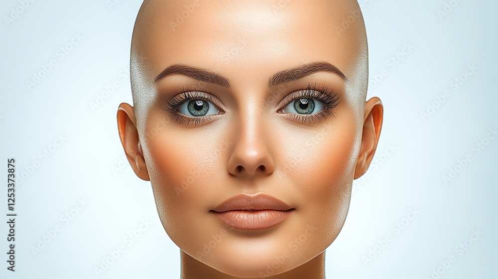 Woman with a shaved head and a blue eye shadow. She has a very nice smile Woman with a shaved head and a blue eye shadow. She has a very nice smile
