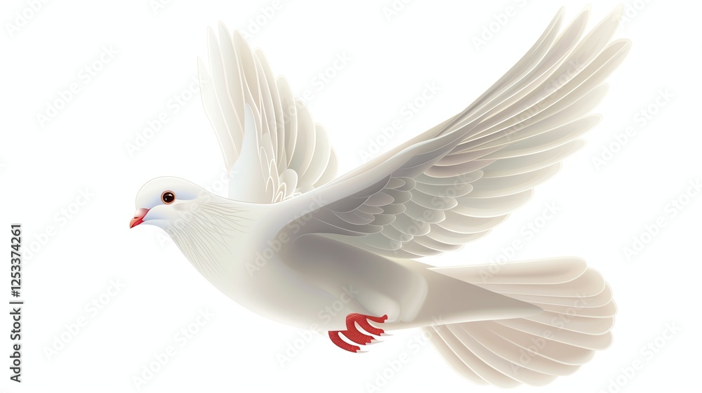 Fototapeta premium A beautiful white dove is flying with its wings spread wide. The dove has a gentle expression on its face and is looking downward.
