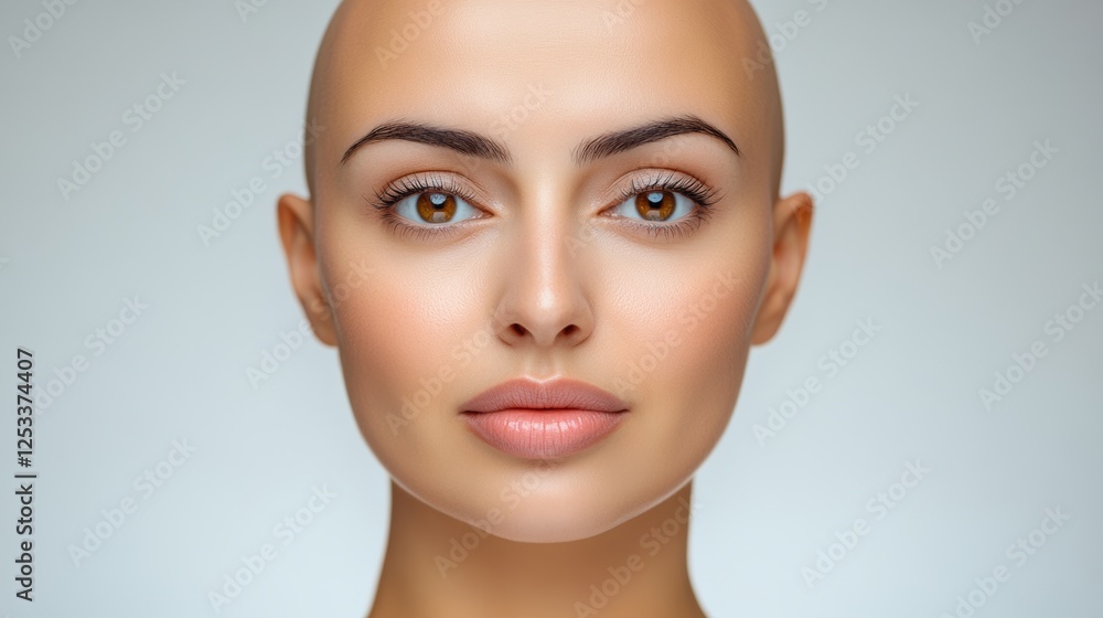 Woman with a shaved head and a nice smile. She has brown eyes and a light skin tone Woman with a shaved head and a nice smile. She has brown eyes and a light skin tone