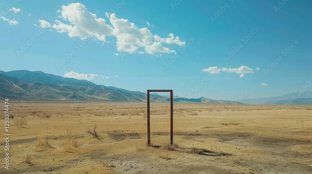 barren landscape with rectangular frame in foreground, surrounded by dry grass and mountains in background under clear blue sky barren landscape with rectangular frame in foreground, surrounded by dry grass and mountains in background under clear blue sky