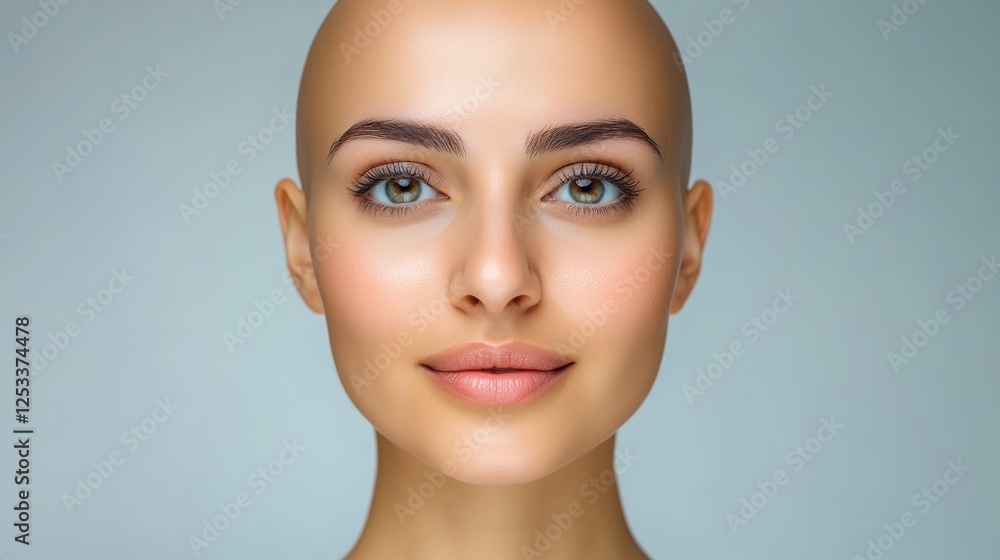 Woman with a shaved head and a smile on her face. She has a light skin tone and a blue eye color Woman with a shaved head and a smile on her face. She has a light skin tone and a blue eye color