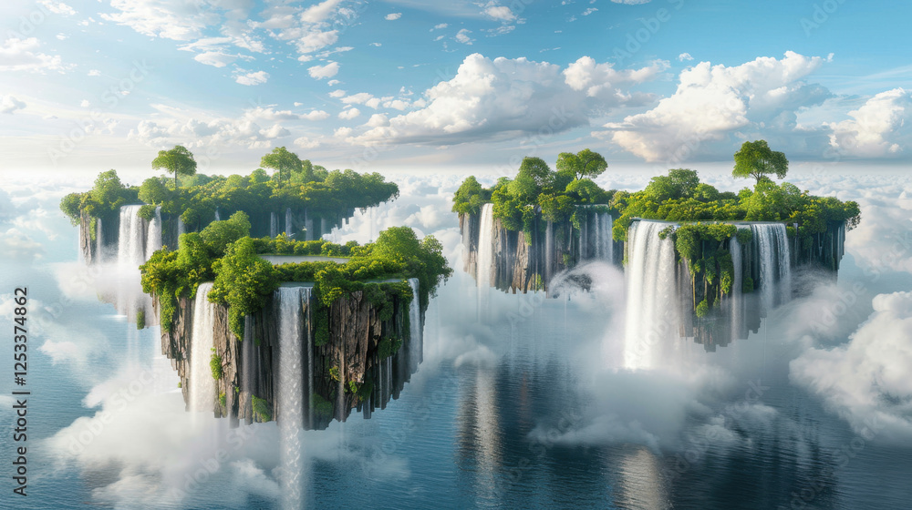 Naklejka premium Floating islands with waterfalls and lush greenery in serene sky