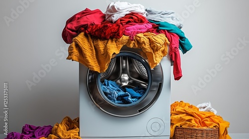 White washing machine is full of clothes, including a yellow shirt. The clothes are piled on top of the machine, and the scene conveys a sense of chaos and disorganization photo