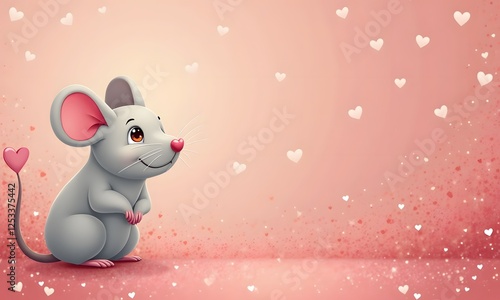 Sweet cartoon mouse with heart-shaped tail sitting prettily against valentine backdrop photo