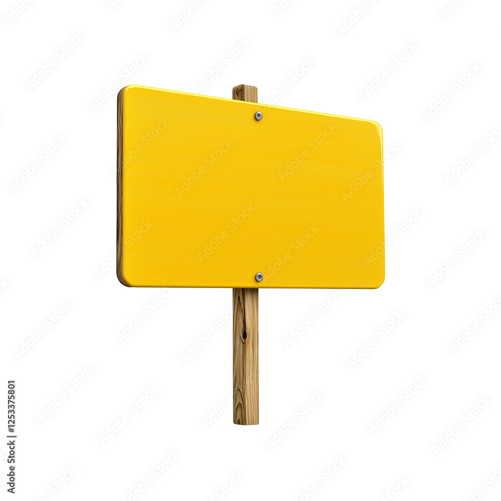 A bright yellow sign mounted on a wooden post, Isolated on white background. A bright yellow sign mounted on a wooden post, Isolated on white background.