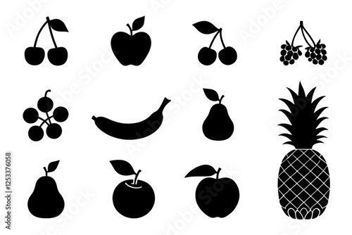 Minimalist black silhouette set of twelve fruit icons on white background