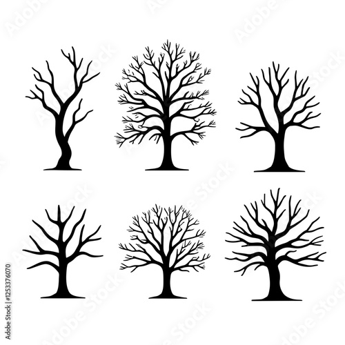 Foto Minimalist black silhouette of ten unique leafless trees on white background