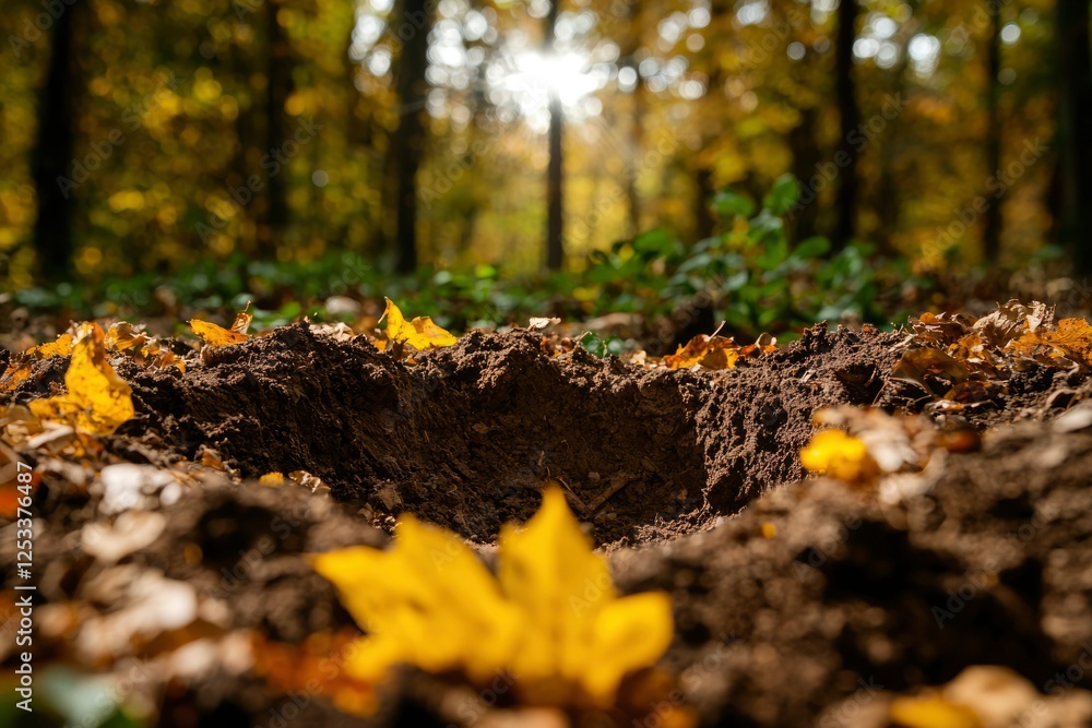 Autumn forest ground hole, sunlight through trees, natural Autumn forest ground hole, sunlight through trees, natural