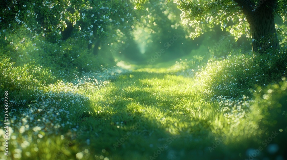 Naklejka premium Sunlit path through blooming orchard, morning mist, spring