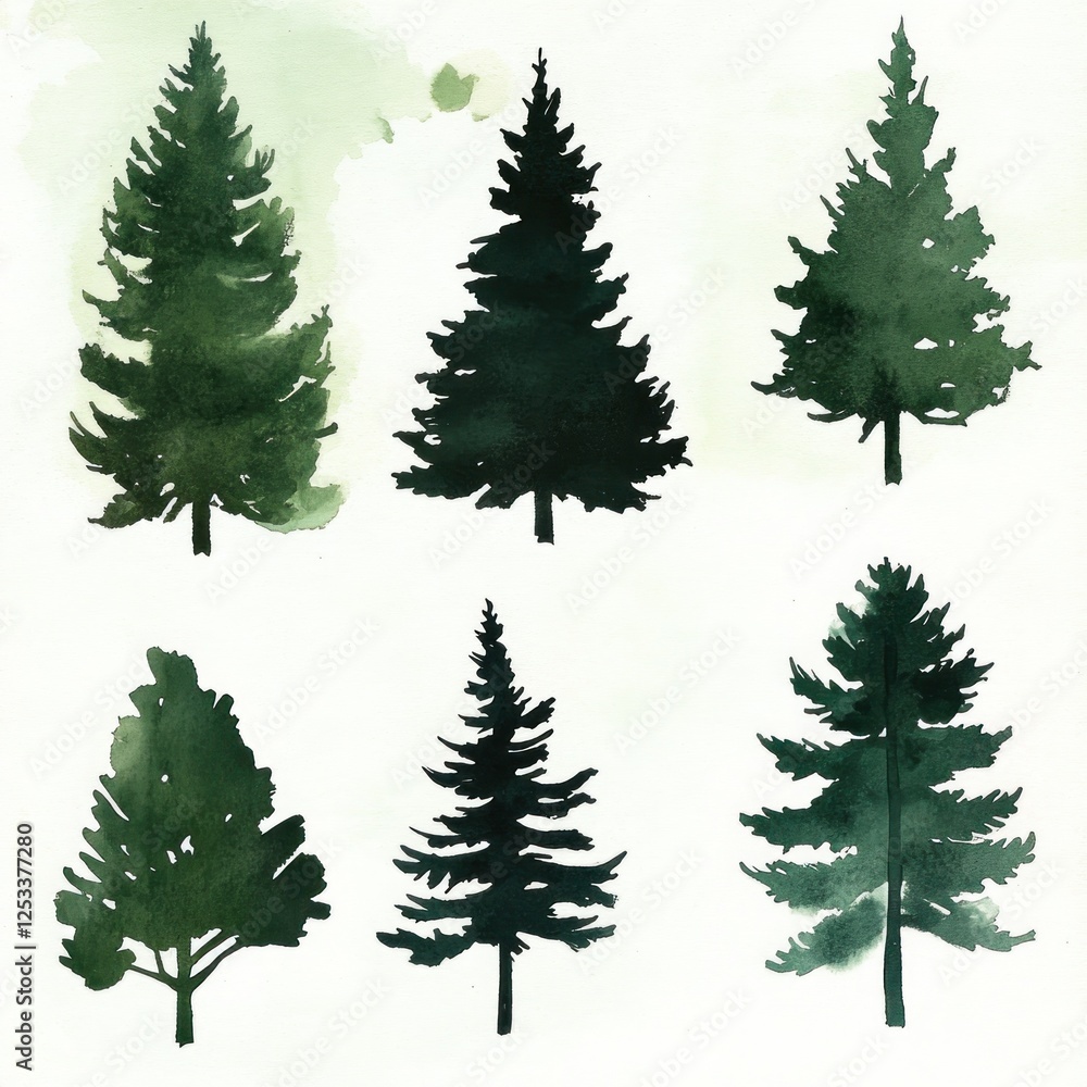 Obraz premium Watercolor Evergreen Trees Forest Nature Design Print