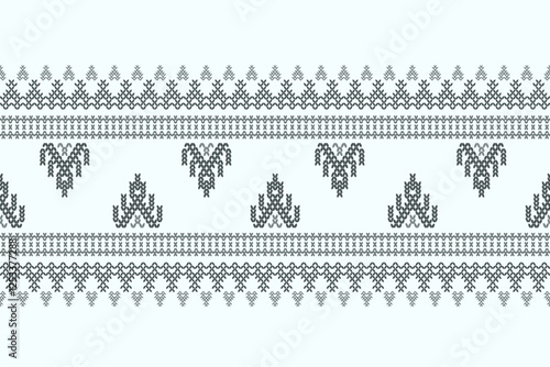 Ikat cross stitch geometric embroidery seamless knitted pattern on damask background. Perfect decorative design for sweater, fabric, decoration, illustration, ornament, texture, textile, interior