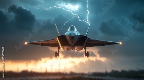 Intense Blue Hour Scene of Jet Against Stormy Sky and Lightning photo