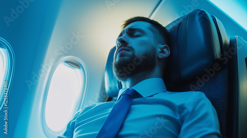 Nervous Traveler: A Man in a Blue Shirt and Tie Anxiously Sits in an Airplane Seat
