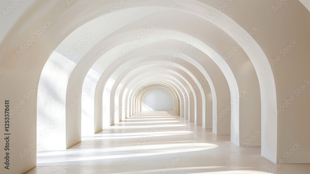 serene interior featuring long corridor with arched white walls and soft light creating tranquil atmosphere serene interior featuring long corridor with arched white walls and soft light creating tranquil atmosphere