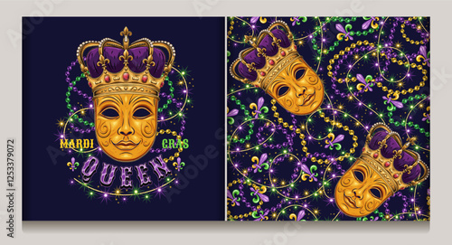 Mardi Gras Queen label, seamless pattern with carnival golden venetian face mask in imperial crown, intertwined strings of beads, lights sparkles garland, text. Carnival decoration.