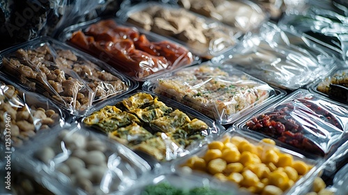 Prepared Nutritious Supply for Camping and Hiking, Intimate Study of the Contents of a Standard-Issue Military MRE Package Showcasing Varied Meal Selections and Compact, Utilitarian Packaging