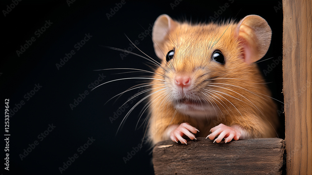 close up of small, curious rodent with soft fur and prominent whiskers, peeking from wooden corner. image captures its expressive eyes and delicate features, evoking sense of wonder close up of small, curious rodent with soft fur and prominent whiskers, peeking from wooden corner. image captures its expressive eyes and delicate features, evoking sense of wonder