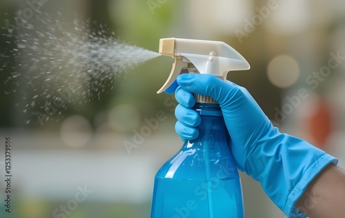 Hands wearing blue gloves holding a spray bottle spraying Cleaner for Hygiene and Disinfection photo