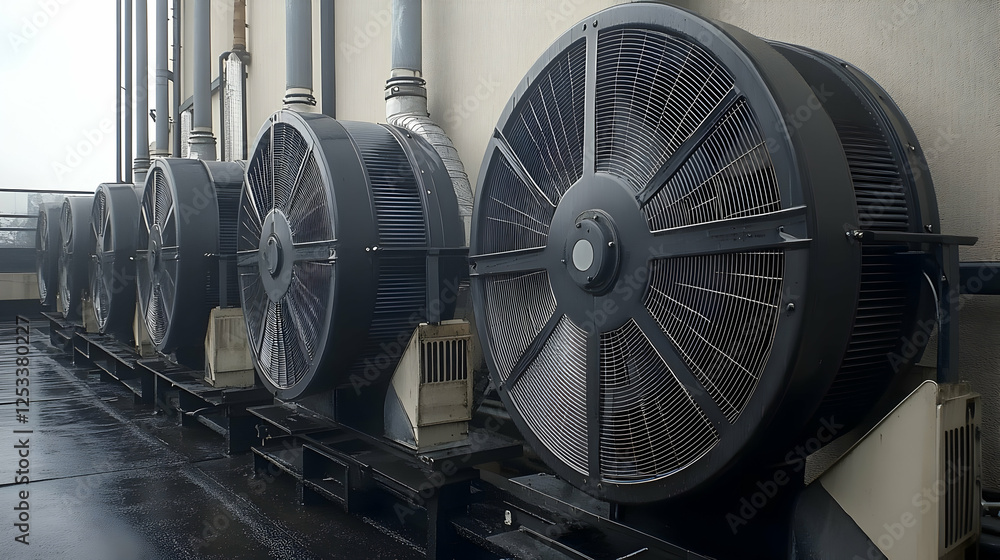 Fototapeta premium Rooftop industrial fans, city building background, HVAC system