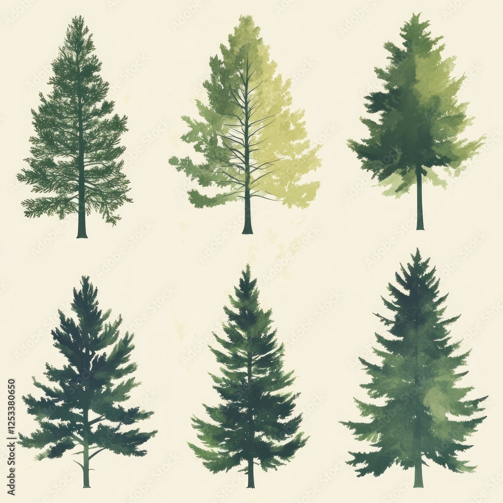 Obraz premium Six watercolor evergreen trees; nature design elements; background texture; for print