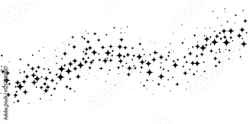 Wave of black stars of variously sizes isolated on white background. Swirl of black stars confetti background. Abstract geometric minimal digital vector illustration.