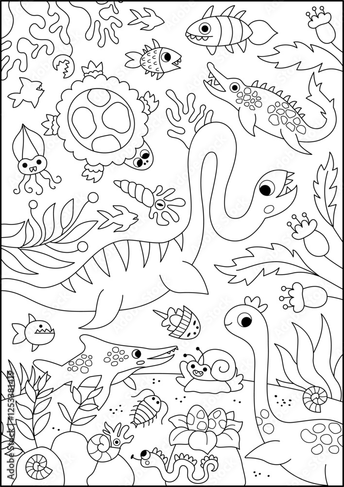 Obraz premium Vector black and white marine dinosaur landscape illustration. Cute line prehistoric aquatic scene with ancient water animals, seaweeds. Funny ocean coloring page with plesiosaurus