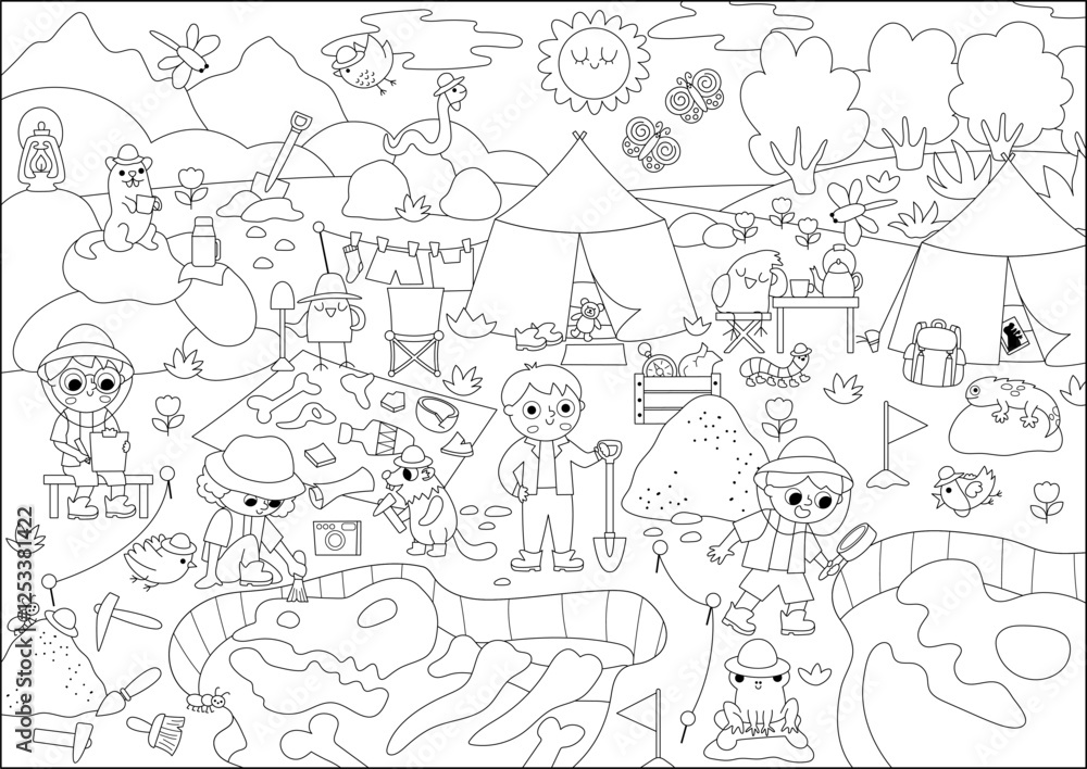Fototapeta premium Vector black and white landscape illustration with paleontologists digging dinosaur fossils and bones. Cute line scene with prehistoric animal scientist on dig. Dino archaeologists camp coloring page