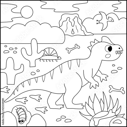 Vector square black and white scene with allosaurus. Dinosaur landscape illustration. Cute line prehistoric coloring page with desert, bones, volcano, centipede, stones