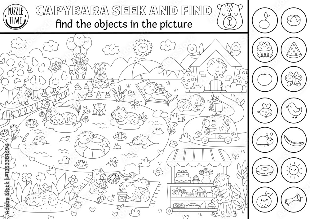 Obraz premium Capybara black and white vector searching game with summer village landscape. Spot hidden objects. Line capibara seek and find printable activity, coloring page for kids with frog, tangerine