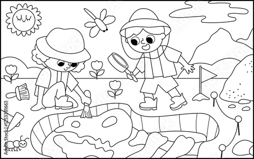 Vector black and white landscape illustration with paleontologists digging dinosaurs fossils and bones. Cute line scene with prehistoric animal scientist on the dig. Dino archaeologists coloring page photo