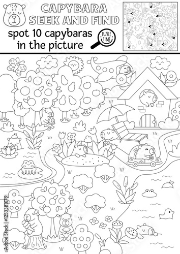 Vector black and white capybara searching game with summer landscape, garden, house, tangerine. Spot hidden animals. Line capibara seek and find printable activity, coloring page for kids
