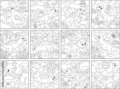 Vector black and white dinosaur square scenes collection. Dino landscape illustration or coloring page pack for kids. Cute line prehistoric scenes set with Pterodactyl, Stegosaurus, Triceratops, T-Rex