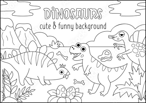 Vector black and white horizontal scene with dinosaurs. Ancient period line landscape illustration. Cute prehistoric background, book cover for kids with T-rex, spinosaurus. Funny dino coloring page