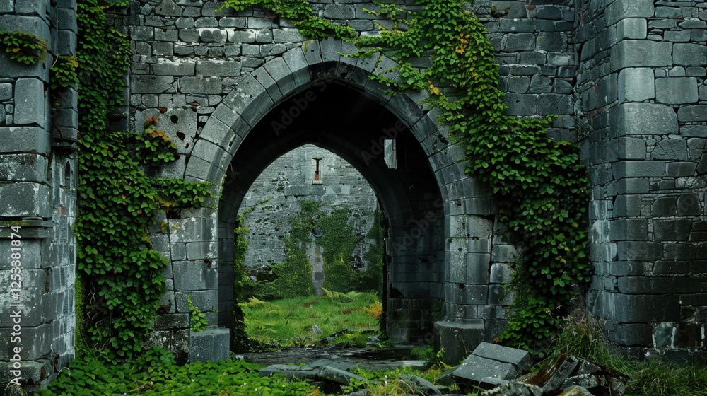Ancient stone ruins covered in green vines, showcasing gothic archway and overgrown grass, evoke sense of mystery and history Ancient stone ruins covered in green vines, showcasing gothic archway and overgrown grass, evoke sense of mystery and history