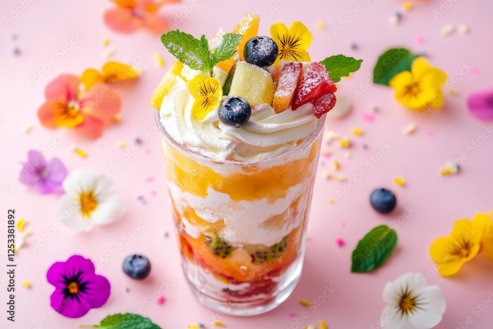 Vibrant fruit parfait with whipped cream and edible flowers Vibrant fruit parfait with whipped cream and edible flowers