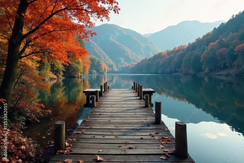 Fototapeta premium Old wooden pier on a calm lake surrounded by autumn foliage , red, foliage