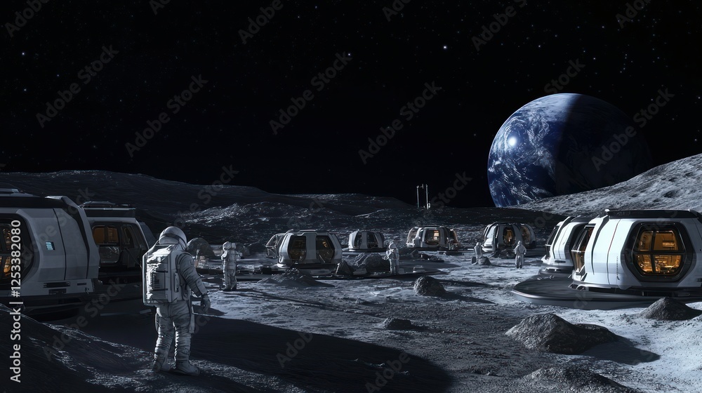 Obraz premium Lunar Colony Astronauts Earth Habitat Modules