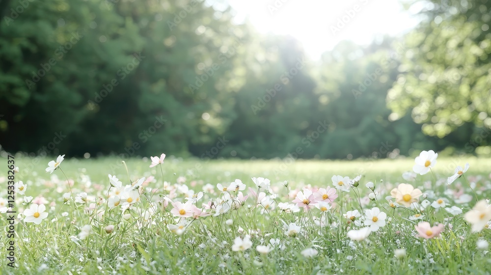 Fototapeta premium Sunny meadow wildflowers, green forest background, spring, nature
