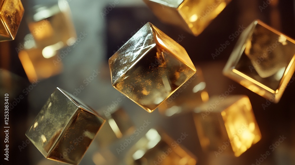 A Luxurious Golden Cube Formation, Floating Abstract Composition with Depth of Field A Luxurious Golden Cube Formation, Floating Abstract Composition with Depth of Field
