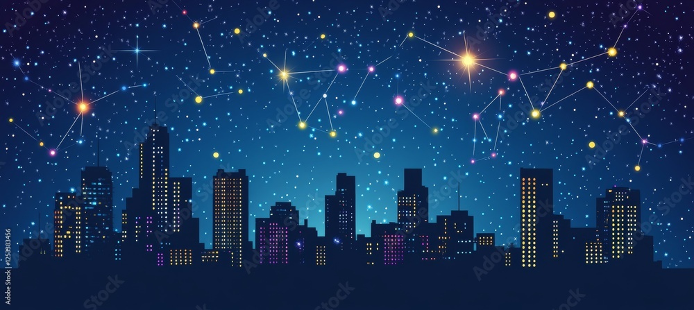 Fototapeta premium Cityscape under a starry night sky, connected by a network of glowing dots. Technology concept.