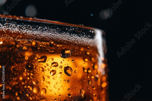 Close-up drink with water droplets, dark background photo